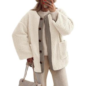 imagePRETTYGARDEN Womens 2026 Winter Coats Long Sleeve Button up Fuzzy Sherpa Fleece Jackets Outerwear Fall Fashion ClothesBeige