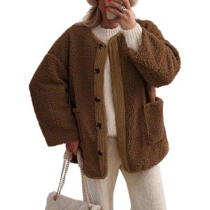 imagePRETTYGARDEN Womens 2026 Winter Coats Long Sleeve Button up Fuzzy Sherpa Fleece Jackets Outerwear Fall Fashion ClothesBrown