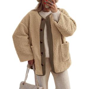 imagePRETTYGARDEN Womens 2026 Winter Coats Long Sleeve Button up Fuzzy Sherpa Fleece Jackets Outerwear Fall Fashion ClothesKhaki