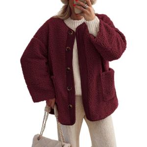 imagePRETTYGARDEN Womens 2026 Winter Coats Long Sleeve Button up Fuzzy Sherpa Fleece Jackets Outerwear Fall Fashion ClothesWine Red