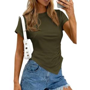imagePRETTYGARDEN Womens Asymmetrical Tops 2026 Spring Summer Going Out Shirts Y2K Short Sleeve Crew Neck Ruched Trendy ClothesArmy Green
