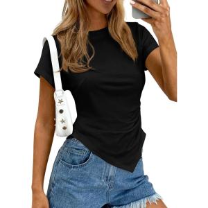 imagePRETTYGARDEN Womens Asymmetrical Tops 2026 Spring Summer Going Out Shirts Y2K Short Sleeve Crew Neck Ruched Trendy ClothesBlack