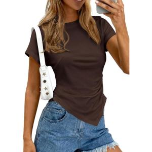imagePRETTYGARDEN Womens Asymmetrical Tops 2026 Spring Summer Going Out Shirts Y2K Short Sleeve Crew Neck Ruched Trendy ClothesBrown