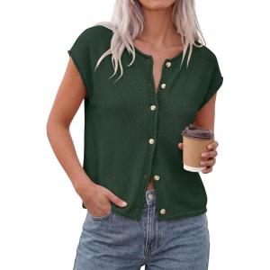 imagePRETTYGARDEN Womens Cap Short Sleeve Sweater Vest 2026 Spring Summer Lightweight Button Down Cardigans Trendy Loose TopsArmy Green