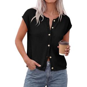 imagePRETTYGARDEN Womens Cap Short Sleeve Sweater Vest 2026 Spring Summer Lightweight Button Down Cardigans Trendy Loose TopsBlack