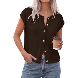 imagePRETTYGARDEN Womens Cap Short Sleeve Sweater Vest 2026 Spring Summer Lightweight Button Down Cardigans Trendy Loose TopsBrown