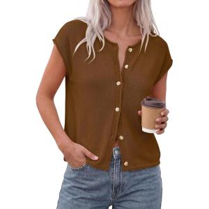 imagePRETTYGARDEN Womens Cap Short Sleeve Sweater Vest 2026 Spring Summer Lightweight Button Down Cardigans Trendy Loose TopsKhaki