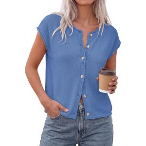 imagePRETTYGARDEN Womens Cap Short Sleeve Sweater Vest 2026 Spring Summer Lightweight Button Down Cardigans Trendy Loose TopsLight Blue
