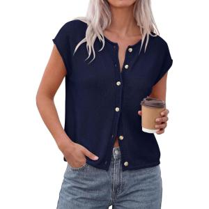 imagePRETTYGARDEN Womens Cap Short Sleeve Sweater Vest 2026 Spring Summer Lightweight Button Down Cardigans Trendy Loose TopsNavy Blue
