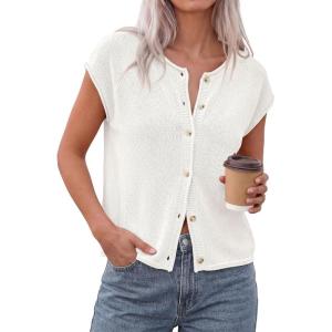 imagePRETTYGARDEN Womens Cap Short Sleeve Sweater Vest 2026 Spring Summer Lightweight Button Down Cardigans Trendy Loose TopsWhite