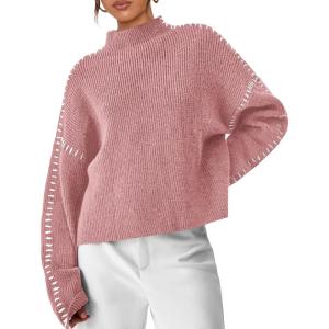 imagePRETTYGARDEN Womens Chunky Knit Sweaters 2026 Fall Long Sleeve Mock Neck Oversized Pullover Tops Winter Fashion ClothesGrey Pink