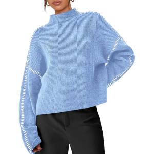imagePRETTYGARDEN Womens Chunky Knit Sweaters 2026 Fall Long Sleeve Mock Neck Oversized Pullover Tops Winter Fashion ClothesLight Blue