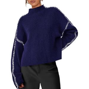 imagePRETTYGARDEN Womens Chunky Knit Sweaters 2026 Fall Long Sleeve Mock Neck Oversized Pullover Tops Winter Fashion ClothesNavy Blue
