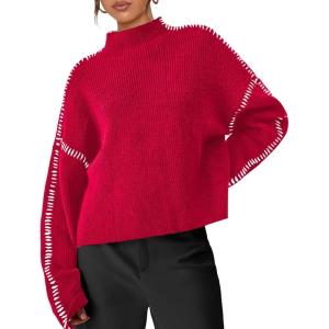 imagePRETTYGARDEN Womens Chunky Knit Sweaters 2026 Fall Long Sleeve Mock Neck Oversized Pullover Tops Winter Fashion ClothesRed