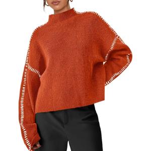imagePRETTYGARDEN Womens Chunky Knit Sweaters 2026 Fall Long Sleeve Mock Neck Oversized Pullover Tops Winter Fashion ClothesRust Red