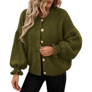 imagePRETTYGARDEN Womens Cropped Cardigans Trendy 2026 Ruffle Open Front Chunky Knit Sweater Oversized Button Down Fall ClothesArmy Green
