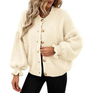 imagePRETTYGARDEN Womens Cropped Cardigans Trendy 2026 Ruffle Open Front Chunky Knit Sweater Oversized Button Down Fall ClothesBeige