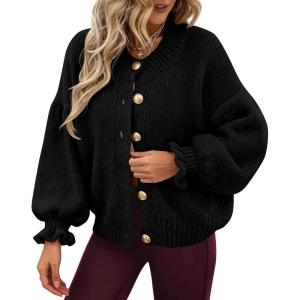 imagePRETTYGARDEN Womens Cropped Cardigans Trendy 2026 Ruffle Open Front Chunky Knit Sweater Oversized Button Down Fall ClothesBlack