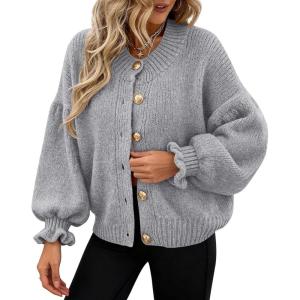 imagePRETTYGARDEN Womens Cropped Cardigans Trendy 2026 Ruffle Open Front Chunky Knit Sweater Oversized Button Down Fall ClothesGrey
