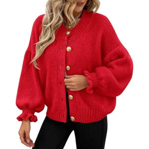 imagePRETTYGARDEN Womens Cropped Cardigans Trendy 2026 Ruffle Open Front Chunky Knit Sweater Oversized Button Down Fall ClothesRed