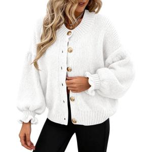 imagePRETTYGARDEN Womens Cropped Cardigans Trendy 2026 Ruffle Open Front Chunky Knit Sweater Oversized Button Down Fall ClothesWhite