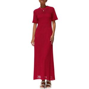 imagePRETTYGARDEN Womens Eyelet Cover Up Dress 2026 Summer Vacation Resort Maxi Dresses Beach Short Sleeve Hollow Out SundressRed