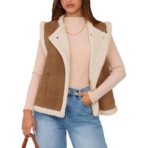 imagePRETTYGARDEN Womens Fall Fashion Faux Suede Vest Casual Sleeveless Button Down Fleece Sherpa Jacket Winter Coats Outerwear