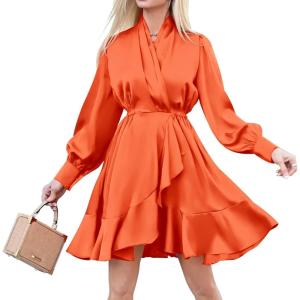 imagePRETTYGARDEN Womens Fall Long Puff Sleeve Satin Dress V Neck Ruffle A Line Short Flowy Dresses OrangeLarge