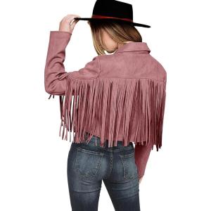 imagePRETTYGARDEN Womens Fringe Faux Suede Leather Jackets Fall Fashion 2026 Tassel Motorcycle Cropped CoatsDark Pink