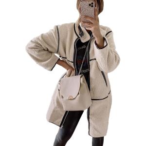imagePRETTYGARDEN Womens Full Zip Fleece Jacket Long Sleeve Lapel Warm Winter Sherpa Coat With Pockets Beige ApricotSmall