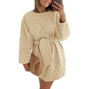 imagePRETTYGARDEN Womens Long Sleeve Dresses Spring Fall Casual Short Belted Dress Trendy Quilted Outfits with Pockets