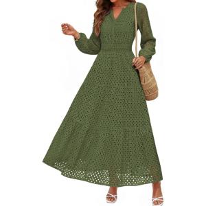 imagePRETTYGARDEN Womens Long Sleeve Maxi Dress V Neck Hollow Out Eyelet A Line Long Flowy 2026 Spring Wedding Guest DressesArmy Green