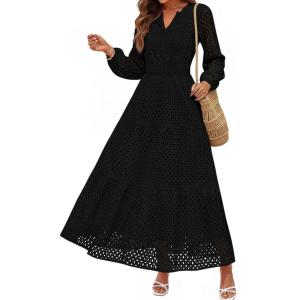 imagePRETTYGARDEN Womens Long Sleeve Maxi Dress V Neck Hollow Out Eyelet A Line Long Flowy 2026 Spring Wedding Guest DressesBlack