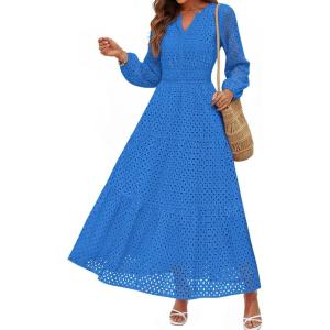 imagePRETTYGARDEN Womens Long Sleeve Maxi Dress V Neck Hollow Out Eyelet A Line Long Flowy 2026 Spring Wedding Guest DressesBlue