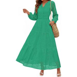 imagePRETTYGARDEN Womens Long Sleeve Maxi Dress V Neck Hollow Out Eyelet A Line Long Flowy 2026 Spring Wedding Guest DressesGreen