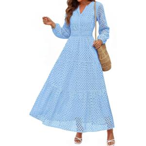 imagePRETTYGARDEN Womens Long Sleeve Maxi Dress V Neck Hollow Out Eyelet A Line Long Flowy 2026 Spring Wedding Guest DressesLight Blue