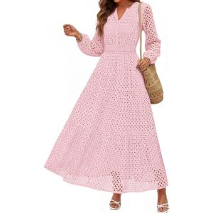 imagePRETTYGARDEN Womens Long Sleeve Maxi Dress V Neck Hollow Out Eyelet A Line Long Flowy 2026 Spring Wedding Guest DressesPink