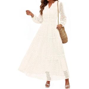 imagePRETTYGARDEN Womens Long Sleeve Maxi Dress V Neck Hollow Out Eyelet A Line Long Flowy 2026 Spring Wedding Guest DressesWhite