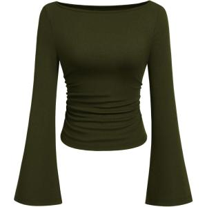 imagePRETTYGARDEN Womens Long Sleeve Shirts 2026 Spring Crop Going Out Tops Casual Boat Neck Bell Sleeve Ribbed Ruched Y2K ClothesArmy Green