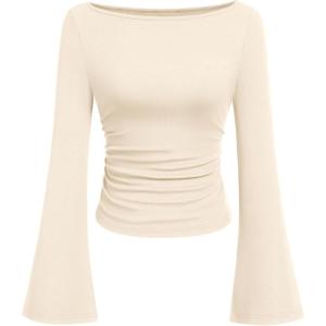 imagePRETTYGARDEN Womens Long Sleeve Shirts 2026 Spring Crop Going Out Tops Casual Boat Neck Bell Sleeve Ribbed Ruched Y2K ClothesBeige