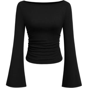 imagePRETTYGARDEN Womens Long Sleeve Shirts 2026 Spring Crop Going Out Tops Casual Boat Neck Bell Sleeve Ribbed Ruched Y2K ClothesBlack