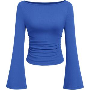 imagePRETTYGARDEN Womens Long Sleeve Shirts 2026 Spring Crop Going Out Tops Casual Boat Neck Bell Sleeve Ribbed Ruched Y2K ClothesBlue