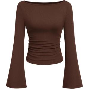 imagePRETTYGARDEN Womens Long Sleeve Shirts 2026 Spring Crop Going Out Tops Casual Boat Neck Bell Sleeve Ribbed Ruched Y2K ClothesBrown