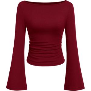 imagePRETTYGARDEN Womens Long Sleeve Shirts 2026 Spring Crop Going Out Tops Casual Boat Neck Bell Sleeve Ribbed Ruched Y2K ClothesBurgundy