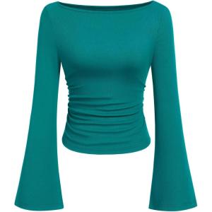imagePRETTYGARDEN Womens Long Sleeve Shirts 2026 Spring Crop Going Out Tops Casual Boat Neck Bell Sleeve Ribbed Ruched Y2K ClothesDark Cyan