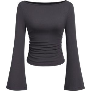 imagePRETTYGARDEN Womens Long Sleeve Shirts 2026 Spring Crop Going Out Tops Casual Boat Neck Bell Sleeve Ribbed Ruched Y2K ClothesDark Grey