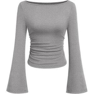 imagePRETTYGARDEN Womens Long Sleeve Shirts 2026 Spring Crop Going Out Tops Casual Boat Neck Bell Sleeve Ribbed Ruched Y2K ClothesGrey