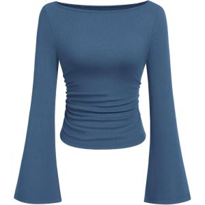 imagePRETTYGARDEN Womens Long Sleeve Shirts 2026 Spring Crop Going Out Tops Casual Boat Neck Bell Sleeve Ribbed Ruched Y2K ClothesGrey Blue