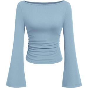 imagePRETTYGARDEN Womens Long Sleeve Shirts 2026 Spring Crop Going Out Tops Casual Boat Neck Bell Sleeve Ribbed Ruched Y2K ClothesLight Blue
