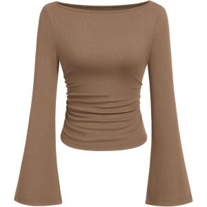 imagePRETTYGARDEN Womens Long Sleeve Shirts 2026 Spring Crop Going Out Tops Casual Boat Neck Bell Sleeve Ribbed Ruched Y2K ClothesLight Brown